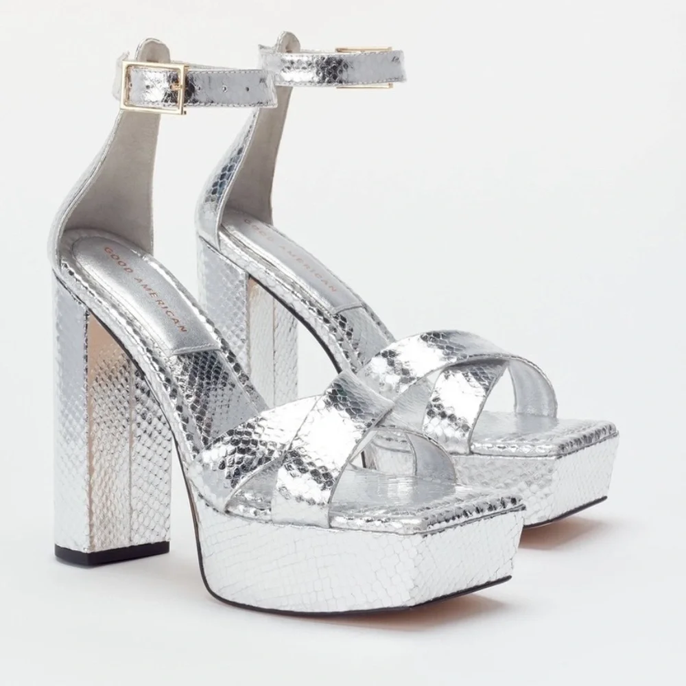 Good American Ankle Strap Open Toe Platform Sandals Silver Size 8